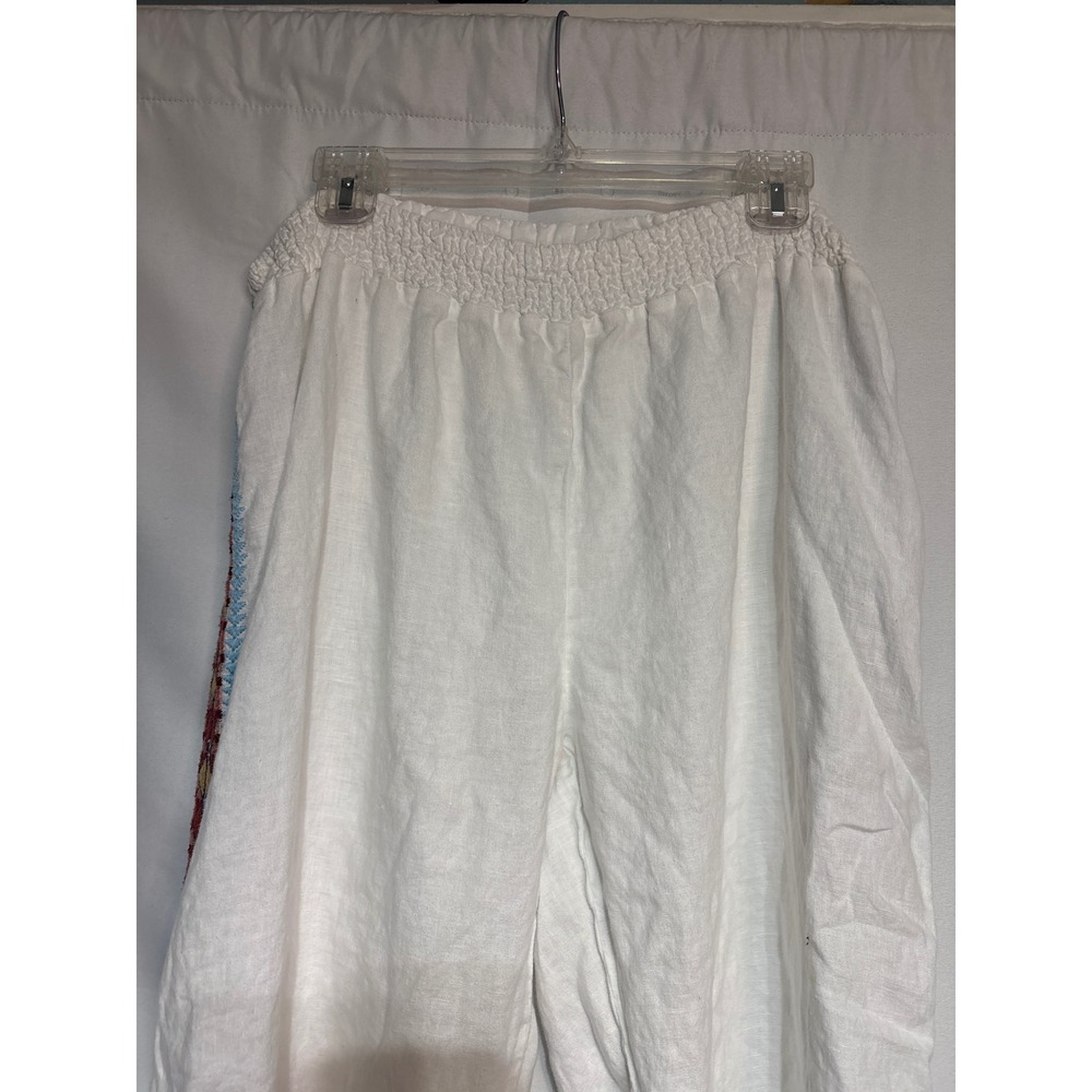 JW Los Angeles Womens XXL White Linen Embroidered Side Stripe Smocked Pants - Picture 2 of 7
